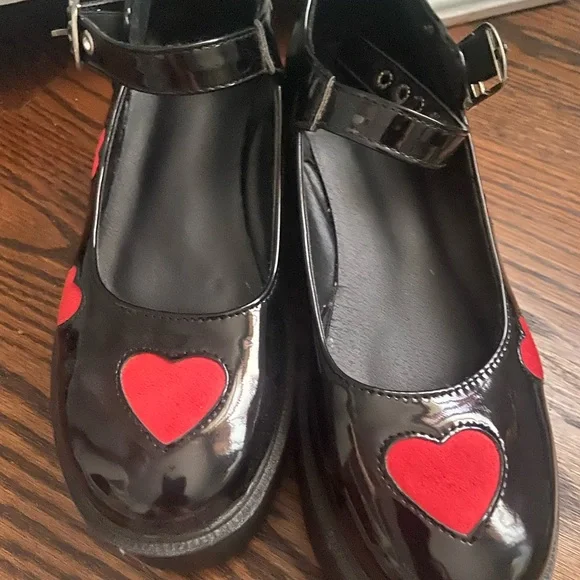Black Mary Jane Platform Shoes with Red Heart Accents - Picture 3 of 4
